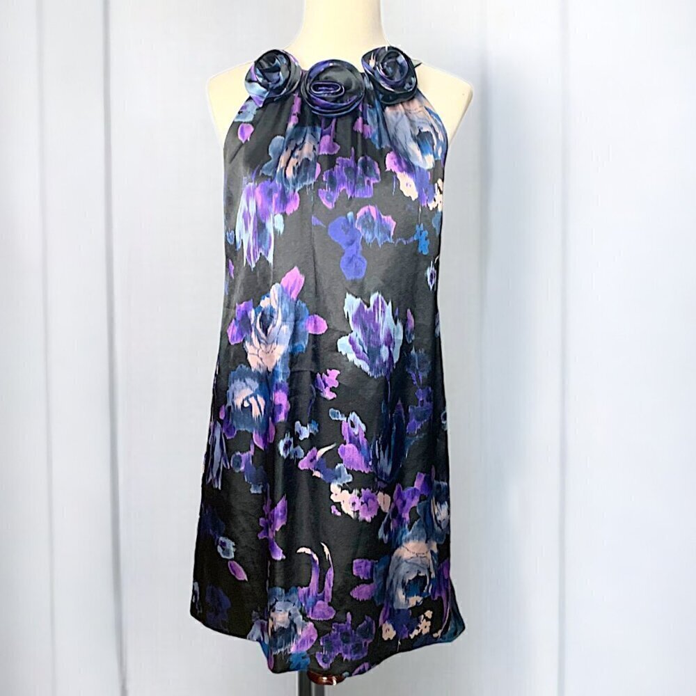 Eliza J Black/Purple Floral Satin A Line Halter Dress with Rosette Det…